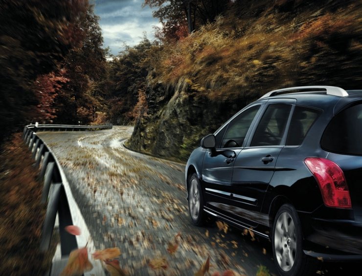 un coche negro circulando por una carretera junto a un bosque